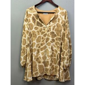 Adrienne Mini Dress Womens Small Tan Giraffe Animal Print Long Sleeve V-Neck